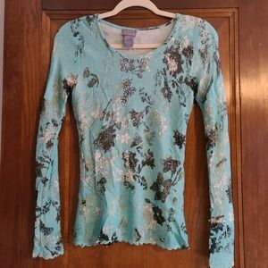 Sigrid Olsen Aqua and Black Floral Long Sleeve Top